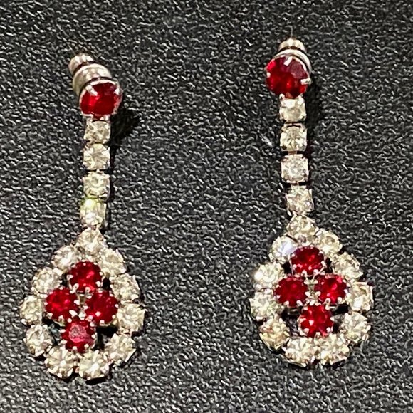 Vintage Bohemian Regency Red Valentines Victorian Rhinestones Dangle Post Ea… - Picture 1 of 7